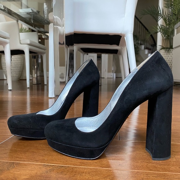 prada suede block heel pumps